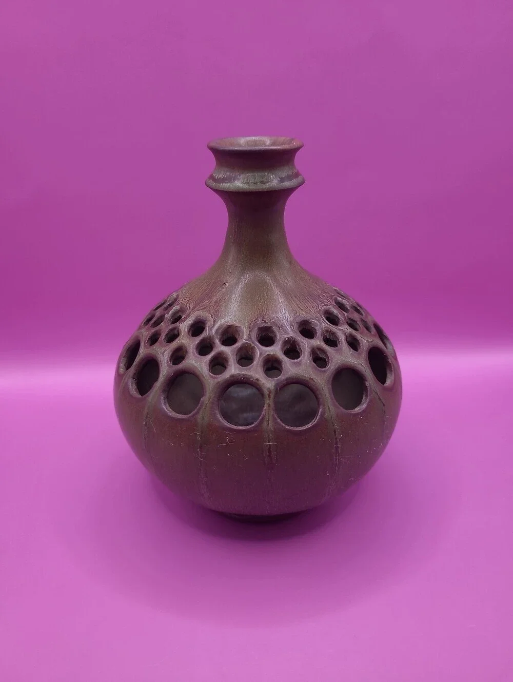 MCM‎ Brutalist Pierced Ceramic Vase Holepot Luminaria Studio Pottery Signed Rare
